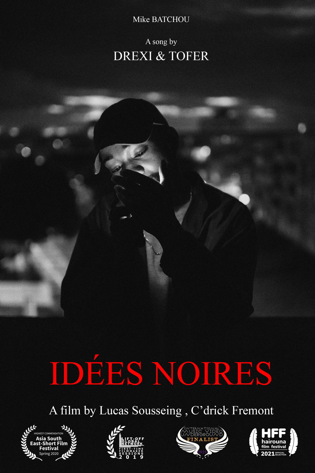 Affiche d'Idées Noires : portrait nocturne en noir et blanc, lauriers de festivals